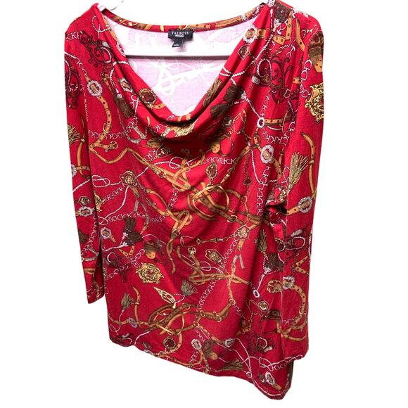 Talbots Equestrian Print Red Drape Neck Long Sleeve Jersey Size L - Picture 2 of 6